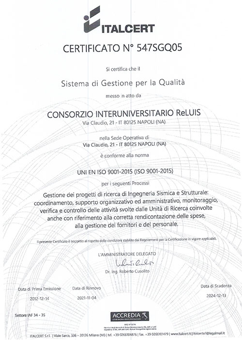 ReLUIS certificato qualita4